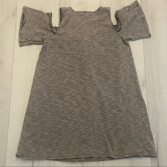 LAUREN CONRAD Cold Shoulder Tan and Black Checkered Stretch Baby Doll Mini Dress - Picture 11 of 11